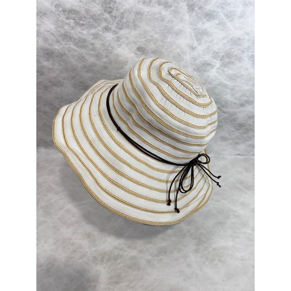 San Diego Hat Company Womens Striped Wide Brim Sun Hat Ivory Tan Ribbon Tie O/S - Picture 2 of 8
